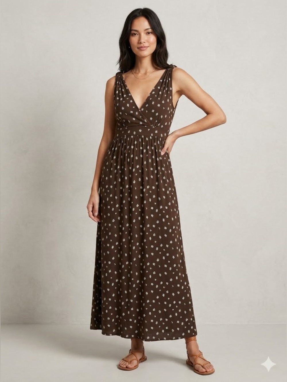 I.Magnin NWT Sleeveless V-Neck Maxi Dress M Brown Leaf Print